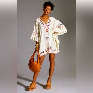 Anthropologie Cream Mini Dress with Floral Embroidery